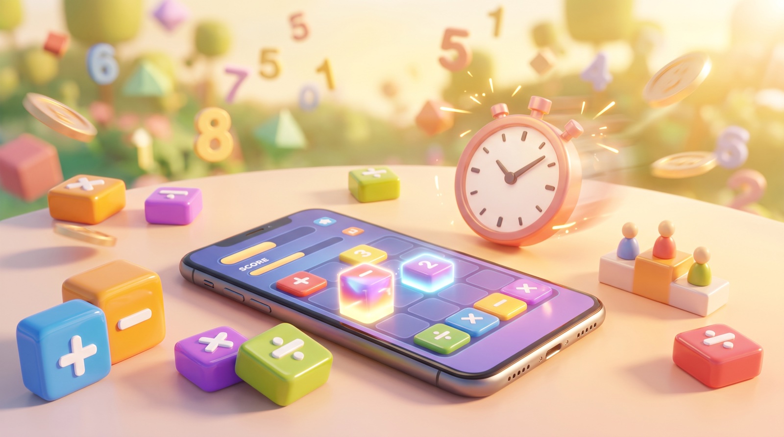 A playful mental math tricks scene with arithmetic blocks, a stopwatch, score coins, and a phone showing a number game